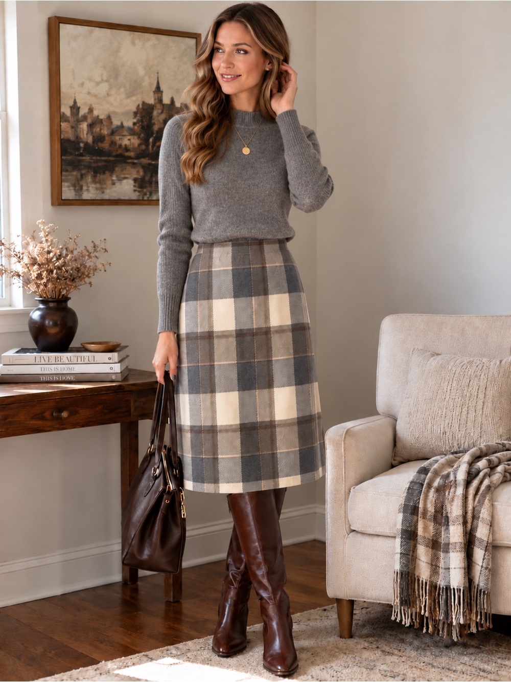 Vintage D’ Allaird’s Wool  Plaid A-Line Skirt in Cream, Gray & Brown
